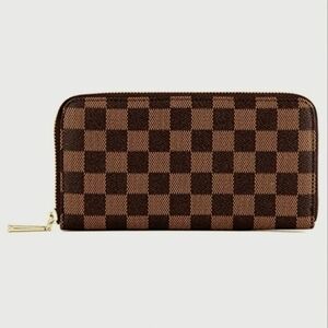 Checkered Wallet Clutch Bag, Multi Zip Compartments Louis Inspired